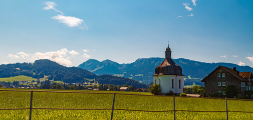 Chapel on a sunny summer day at Lingenau, Bregenz, Vorarlberg, Austria