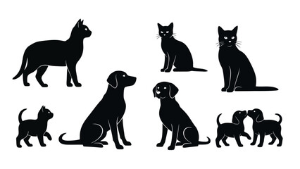 Collection of Black Silhouettes of Various Cats and Dogs in Different Poses