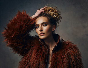 Młoda kobieta w brązowym futrze pozuje do zdjęcia
