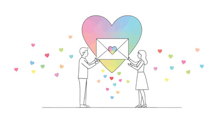 Love Letter Delivery: A pair shares a moment of connection, passing a heart-shaped letter, enveloped in a shower of colorful, celebratory hearts, which signifies love and romance. 
