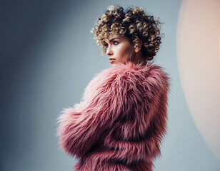 Kobieta w kurtce ze sztucznego futra w kolorze Tea Rose. Portret modowy hipsterki 