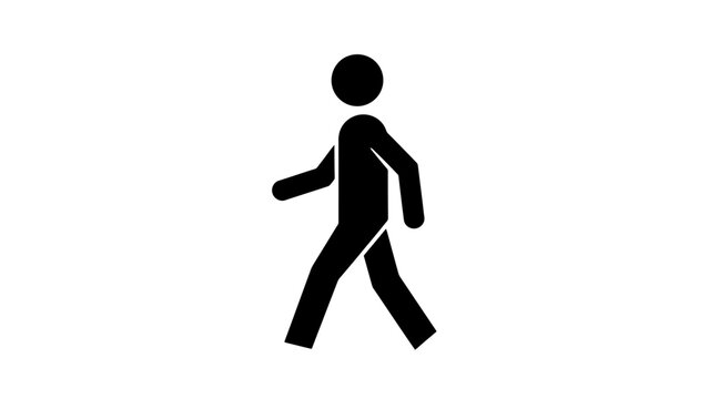 Black Silhouette of a Person Walking, Simple Stick Figure Icon on White Background