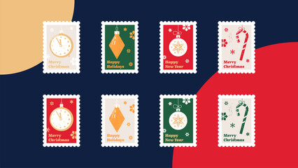 Set of Christmas and New Year postage stamps