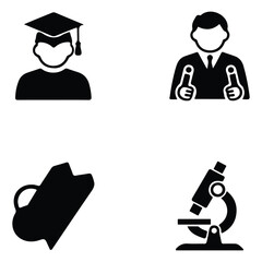 Education and Science Icon Set Student, Scientist, Microscope and Laboratory Equipment Silhouette Vector