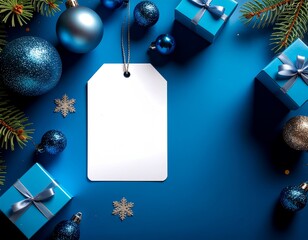 Świąteczne niebieskie tło z prezentami, bombkami i pustą etykietą