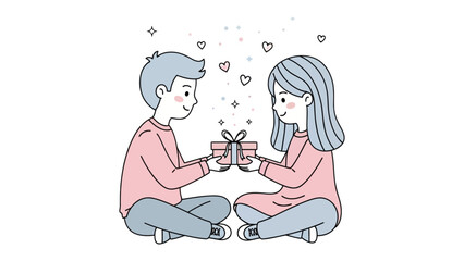 Exchange of Affection: A heartwarming illustration depicts a young couple exchanging gifts, symbolizing love and togetherness, hearts float above the gift, enhancing the scene's emotional depth.