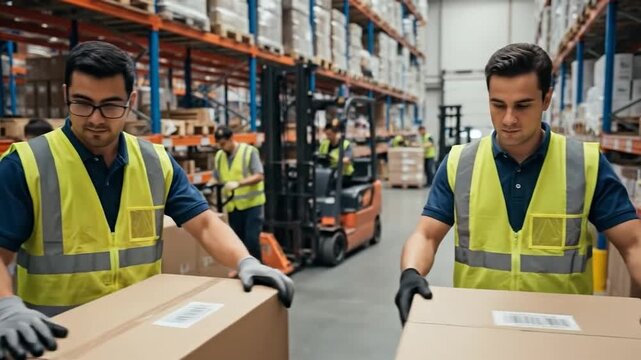 Essential Warehouse Workers Scanning SKU Items With Barcode Reader