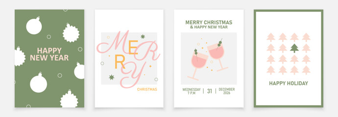 Set of 4 cards for New Year holidays. Merry Christmas cards with champagne glass. Vector card for winter holidays. 