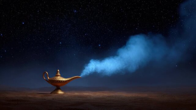 Magical genie lamp emitting blue smoke in a mystical desert landscape under a starry night sky 4k video footage