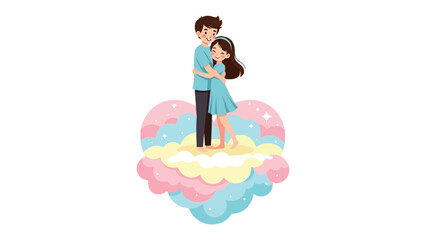Love's Embrace: A couple shares a tender moment as they embrace on a vibrant cloud, symbolizing a journey of love and togetherness, floating serenely. 