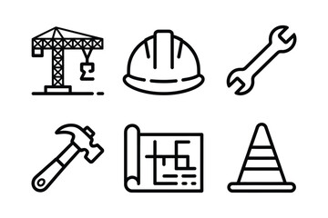 Simple line art collection of construction tools and safety equipment icons