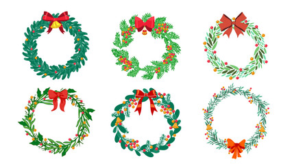 Set of Christmas Wreath Vector. A beautifully Christmas wreath vector featuring lush green leaves, berries, ornaments, and festive decorative elements. Ideal for greeting cards, holiday invitations