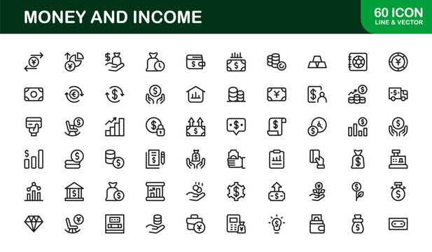 Modern Money Line Icon Set &ndash; Professional minimal outline icons for finance, income, and investment in crisp vector style.