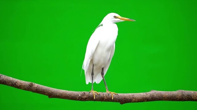 An elegant white egret bird perched gracefully on a tree branch against a vivid green backdrop