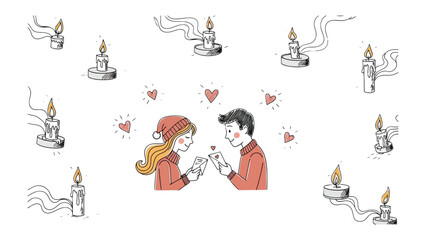 Candlelit Romance: An illustrated scene of romance unfolds as a couple exchanges rings, surrounded by flickering candles and hearts, celebrating their commitment and love.