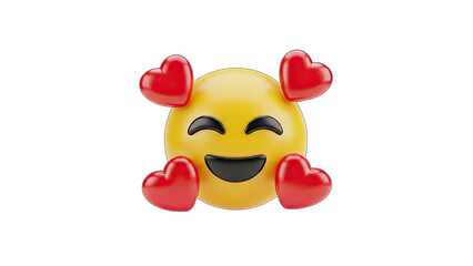 Joyful Yellow Emoji Face Surrounded by Floating Red Hearts Expressing Love and Happiness Against a Transparent Background