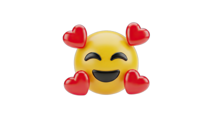 Joyful Yellow Emoji Face Surrounded by Floating Red Hearts Expressing Love and Happiness Against a Transparent Background