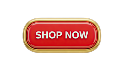 Shiny Red Shop Now Button With Golden Border On Transparent Background For E Commerce And Online Shopping Promotions