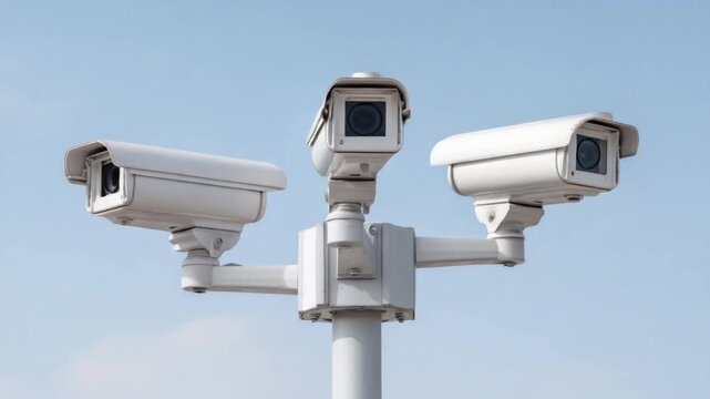 High-Resolution Security Cameras Installation on Poles Against Clear Blue Sky Background 4k video footage