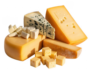 Assortment of cheese types and cubes isolated on a transparent background blue cheddar