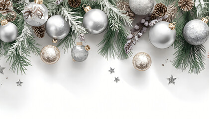 Christmas composition with shiny silver balls and snow-covered branches &mdash; mockup for invitation, web header, and ad