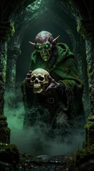 Fototapeta premium Goblin holding skull in mysterious misty crypt with glowing eyes