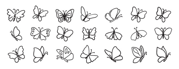 butterfly doodle hand drawn icon set. Outline drawing butterfly line clipart symbol collection