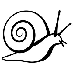 Black and white minimalist vector illustration of a snail with a large spiral shell, simple bold outline, isolated on a white background.