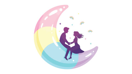 Eternal Embrace: Silhouette of a loving couple seated on a whimsical rainbow-hued crescent moon, hand-in-hand, under a starry sky. 