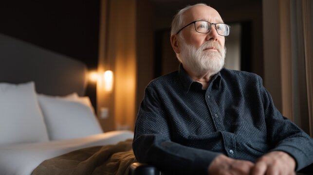 In a softly lit room, a disabled senior man sits thoughtfully in his wheelchair, gazing into the distance, feeling the weight of loneliness as he reflects on his past - Powered by Adobe