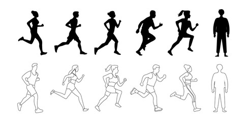 Silhouettes of people running choreographies physical exercises gymnastics in editable vector