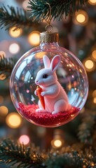 Christmas ornament with white rabbit holding a carrot