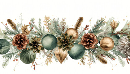 Horizontal festive arrangement with green and gold ornamental balls on white background — invitation and mockup