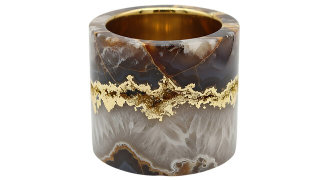 Natural agate geode vessel with gold accents and polished interior container