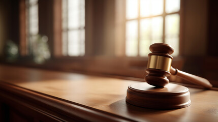 Gavel on courtroom table with sunlight streaming in, natural lighting on judicial tools, illuminated legal authority symbol, bright court session space, with copy space