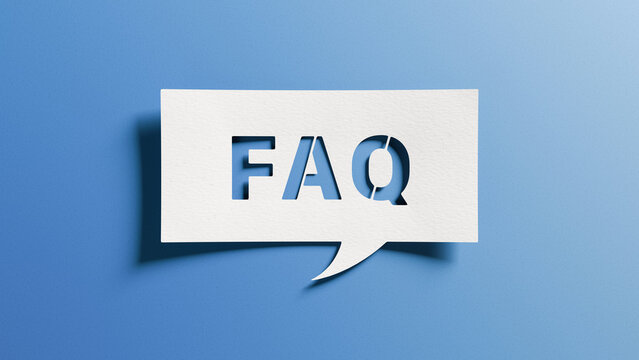 FAQ message for card, presentation, business. Frequently Asked Questions. Asking questions, providing information and answers. Minimalist abstract design with white cut-out paper on blue background.