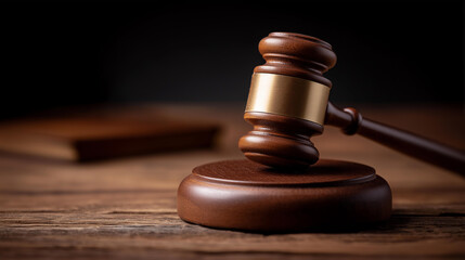 Obraz premium Judges gavel on wooden surface in courtroom setting, law justice legal concept, judicial authority tool, court proceedings instrument, legal system symbol, with copy space