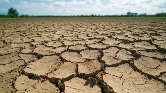 Scenery of cracked, parched earth with dead vegetation.
