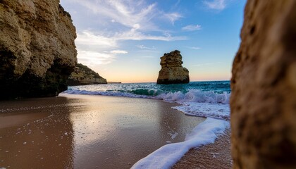 Secluded ocean cove beach with dramatic sea stack at sunset golden hour