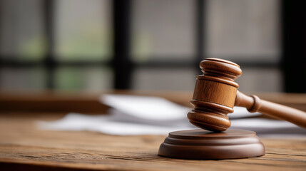 Wooden gavel rests on round base on desk with scattered papers, legal proceedings tools, judicial authority symbol, court session equipment, law enforcement instrument, with copy s