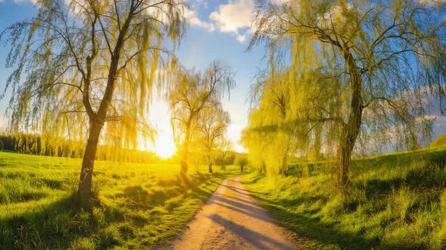 A dirt road in a sunlit countryside with weeping willows lining it.