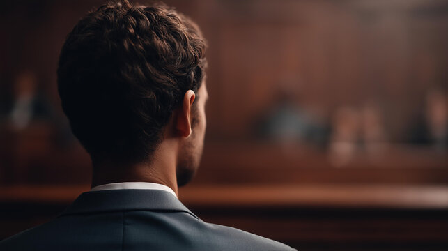Faceless witness testimony in court legal drama, courtroom proceedings testimony, trial testimony moment, judicial hearing scene, defocused person testifying, with copy space