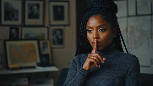 Woman with braided hair placing finger to lips, hinting at secrecy or silence.