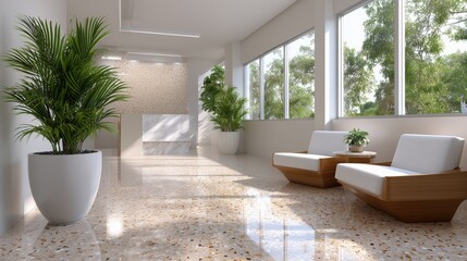 Naklejka premium Modern bright reception area with natural light, green plants, and comfortable seating