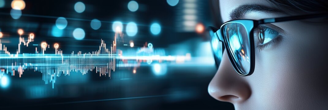 Person in glasses looking at digital financial data charts, representing technology and business analysis - Powered by Adobe