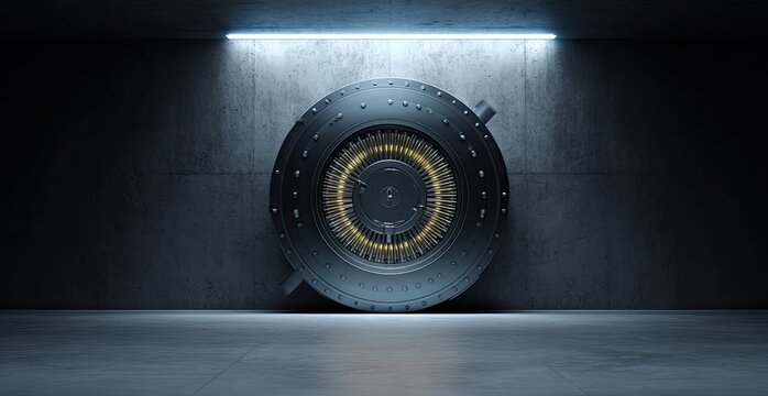 A close-up, centered view of a large, circular, metallic bank vault door lit from above
