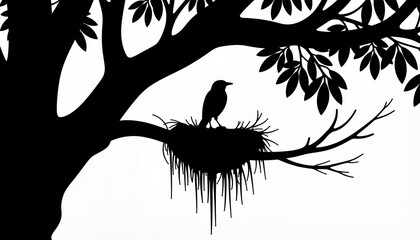 Obraz premium Silhouette of a bird sitting on a nest in a tree against white background 
