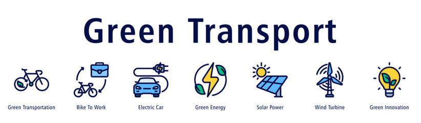 Green Transport web banner icon vector illustration with icons of Green Transportation, Bike to Work, Electric Car, Green Energy, Solar Power, Wind Turbine, and Green Innovation.