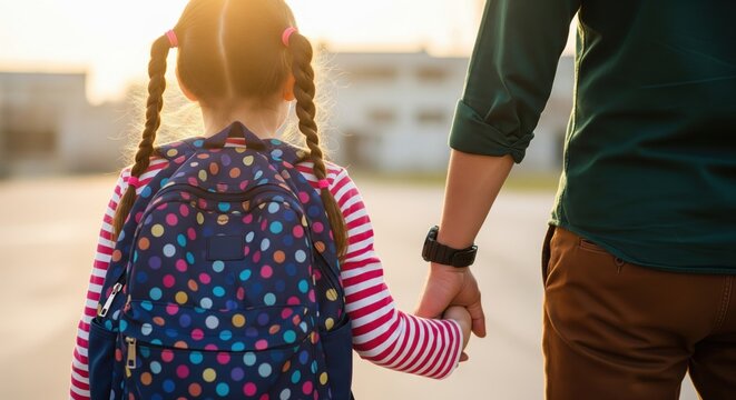 Little girl with polka dot backpack holding parent's hand walking during golden hour.