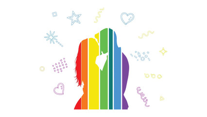 Love and Unity: A vibrant illustration showcasing a couple embraced in a kiss, with their silhouettes filled with the colors of the rainbow, symbolizing love, acceptance, and pride. 